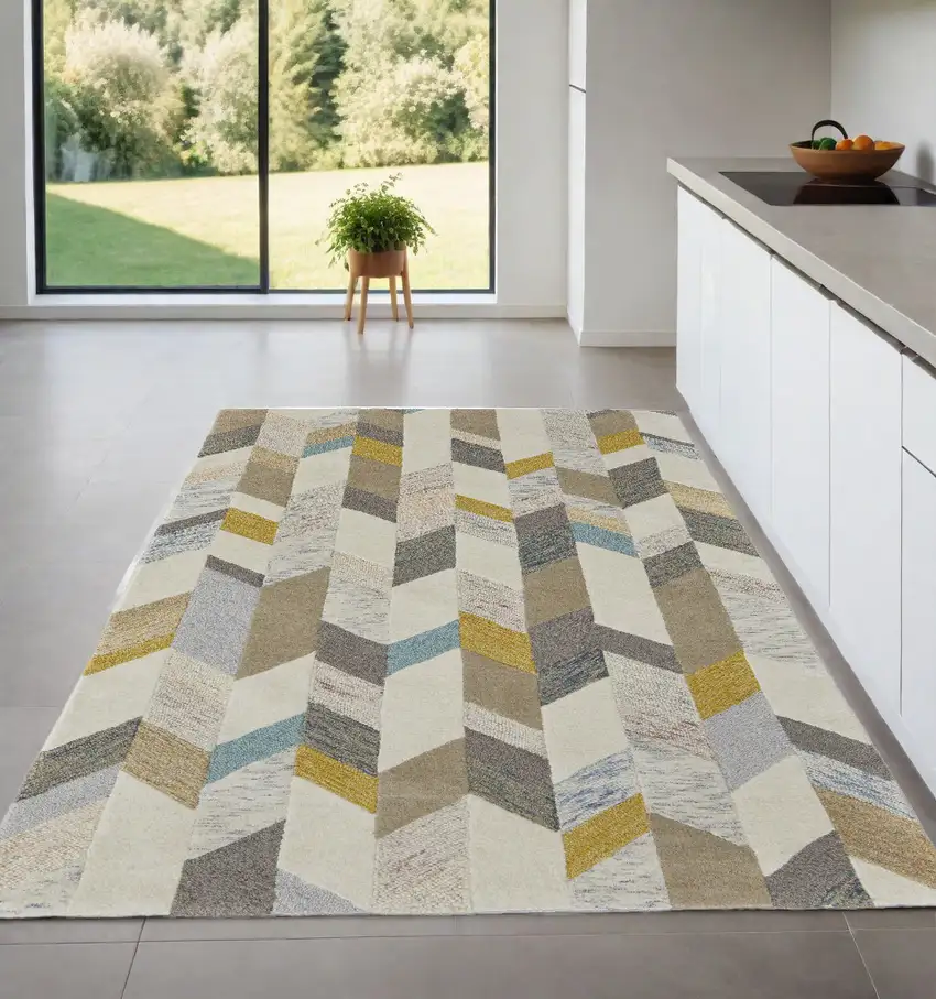 Ivory Taupe And Blue Wool Geometric Tufted Handmade Area Rug Photo 1