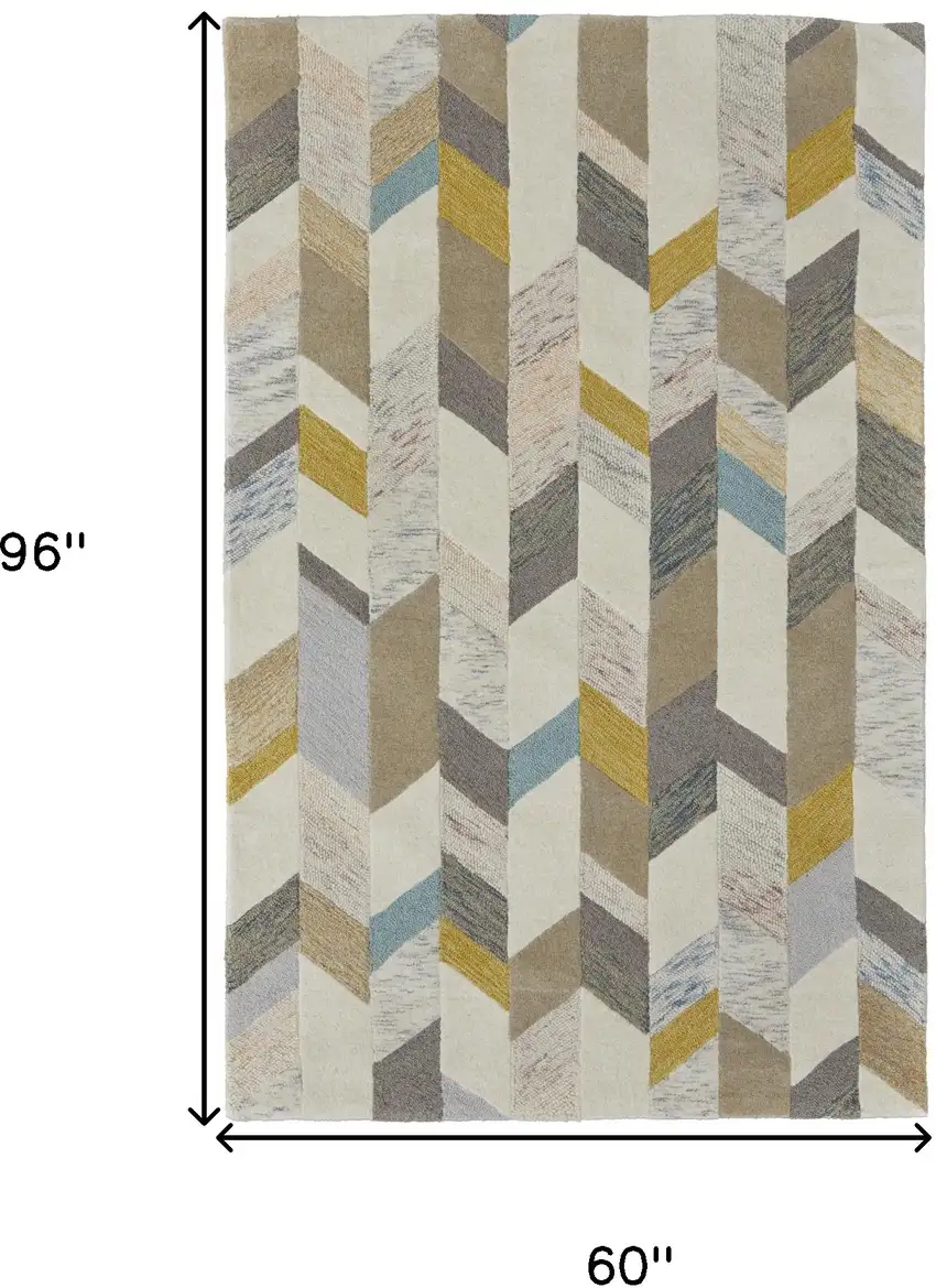 Ivory Taupe And Blue Wool Geometric Tufted Handmade Area Rug Photo 3