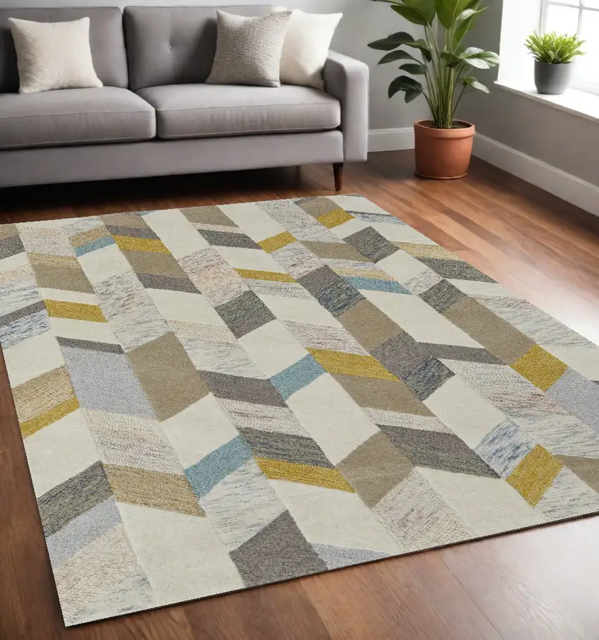 Ivory Taupe And Blue Wool Geometric Tufted Handmade Area Rug Photo 1