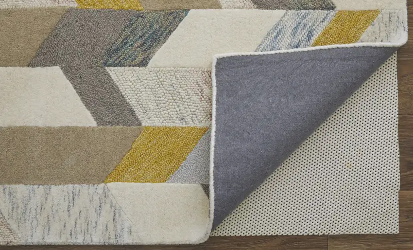 Ivory Taupe And Blue Wool Geometric Tufted Handmade Area Rug Photo 9