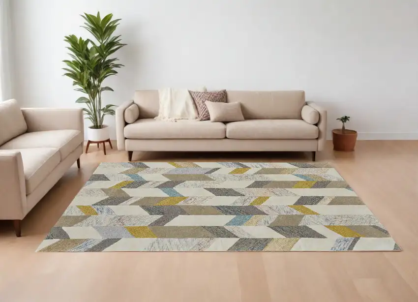 Ivory Taupe And Blue Wool Geometric Tufted Handmade Area Rug Photo 1