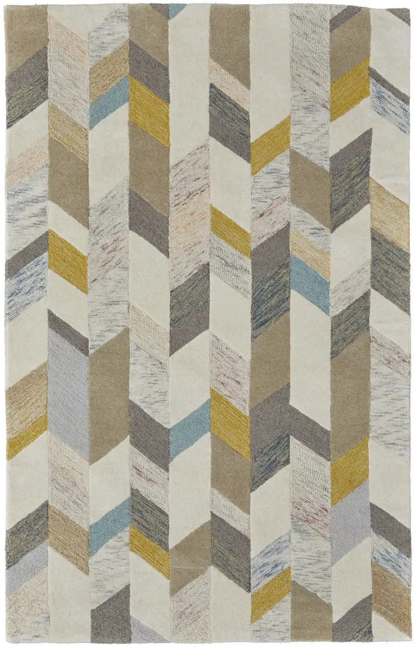 Ivory Taupe And Blue Wool Geometric Tufted Handmade Area Rug Photo 1