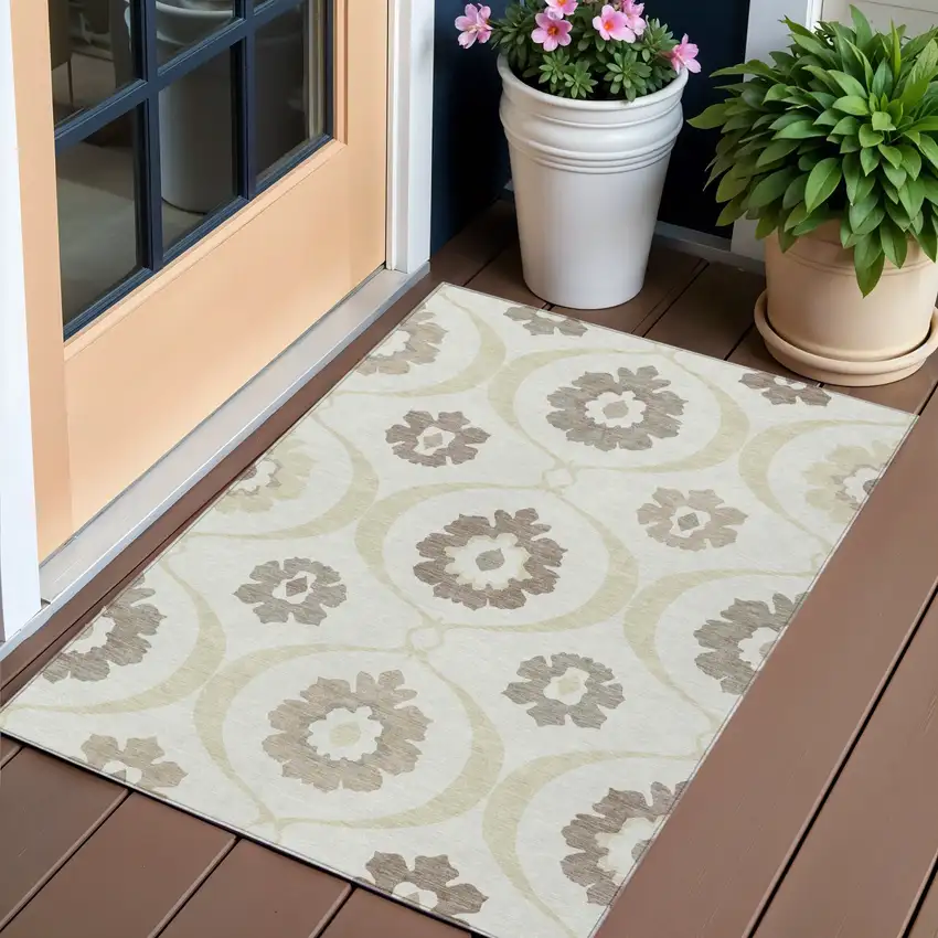 Ivory Taupe And Brown Medallion Washable Indoor Outdoor Area Rug Photo 1