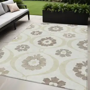 Photo of Ivory Taupe And Brown Medallion Washable Indoor Outdoor Area Rug