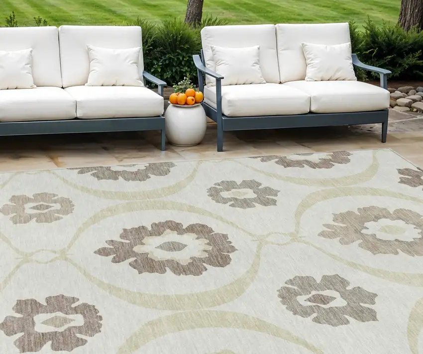Ivory Taupe And Brown Medallion Washable Indoor Outdoor Area Rug Photo 1