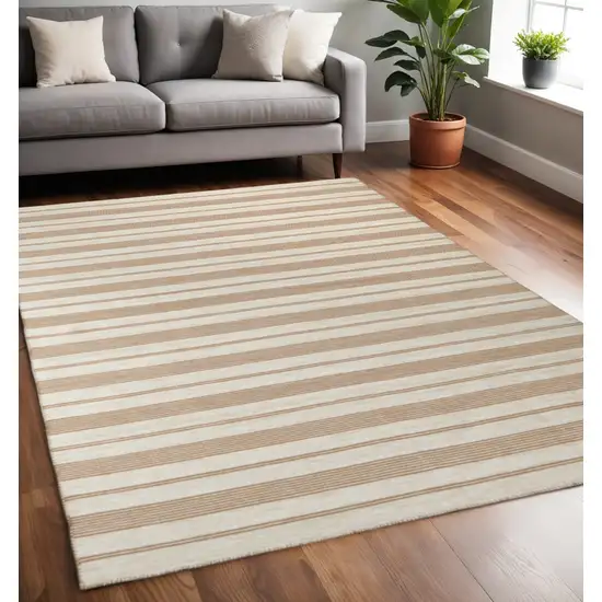 Ivory Taupe And Brown Striped Dhurrie Hand Woven Stain Resistant Area Rug Photo 1