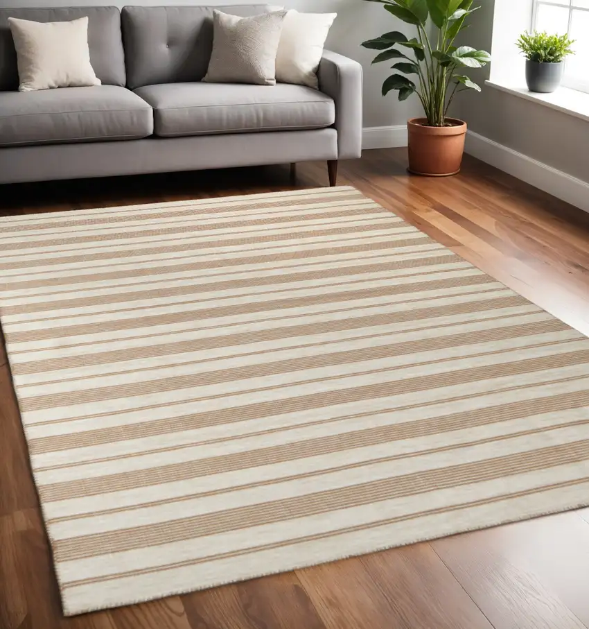 Ivory Taupe And Brown Striped Dhurrie Hand Woven Stain Resistant Area Rug Photo 1