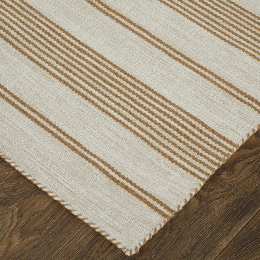 Ivory Taupe And Brown Striped Dhurrie Hand Woven Stain Resistant Area Rug Photo 7