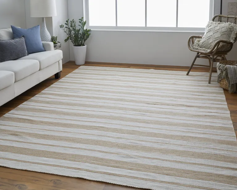 Ivory Taupe And Brown Striped Dhurrie Hand Woven Stain Resistant Area Rug Photo 5