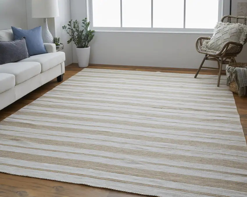 Ivory Taupe And Brown Striped Dhurrie Hand Woven Stain Resistant Area Rug Photo 6