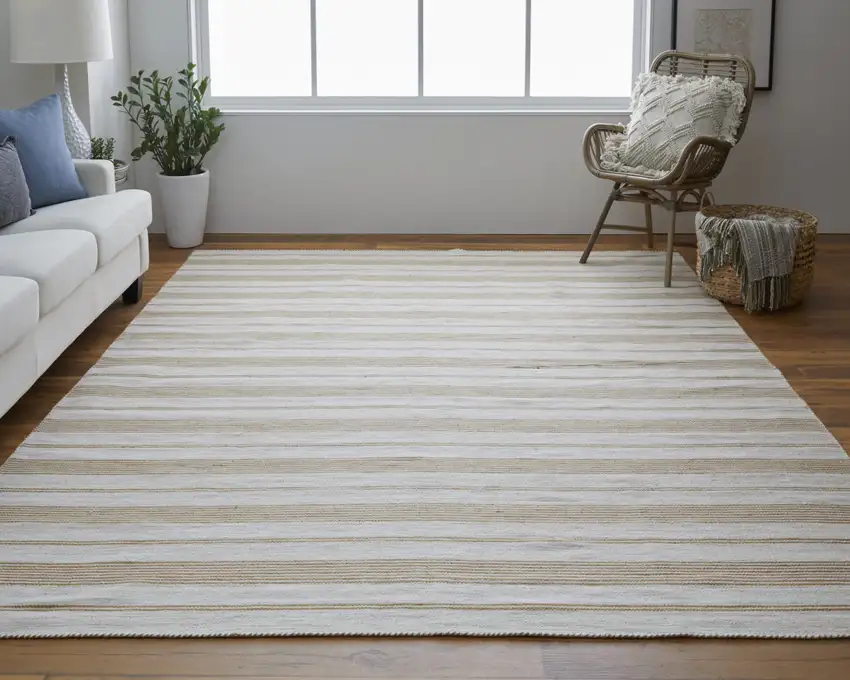 Ivory Taupe And Brown Striped Dhurrie Hand Woven Stain Resistant Area Rug Photo 7