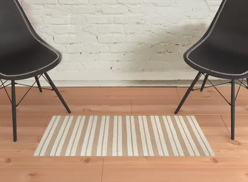Ivory Taupe And Brown Striped Dhurrie Hand Woven Stain Resistant Area Rug Photo 2