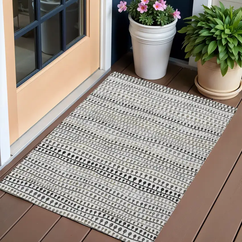 Ivory Taupe And Charcoal Striped Washable Indoor Outdoor Area Rug Photo 1
