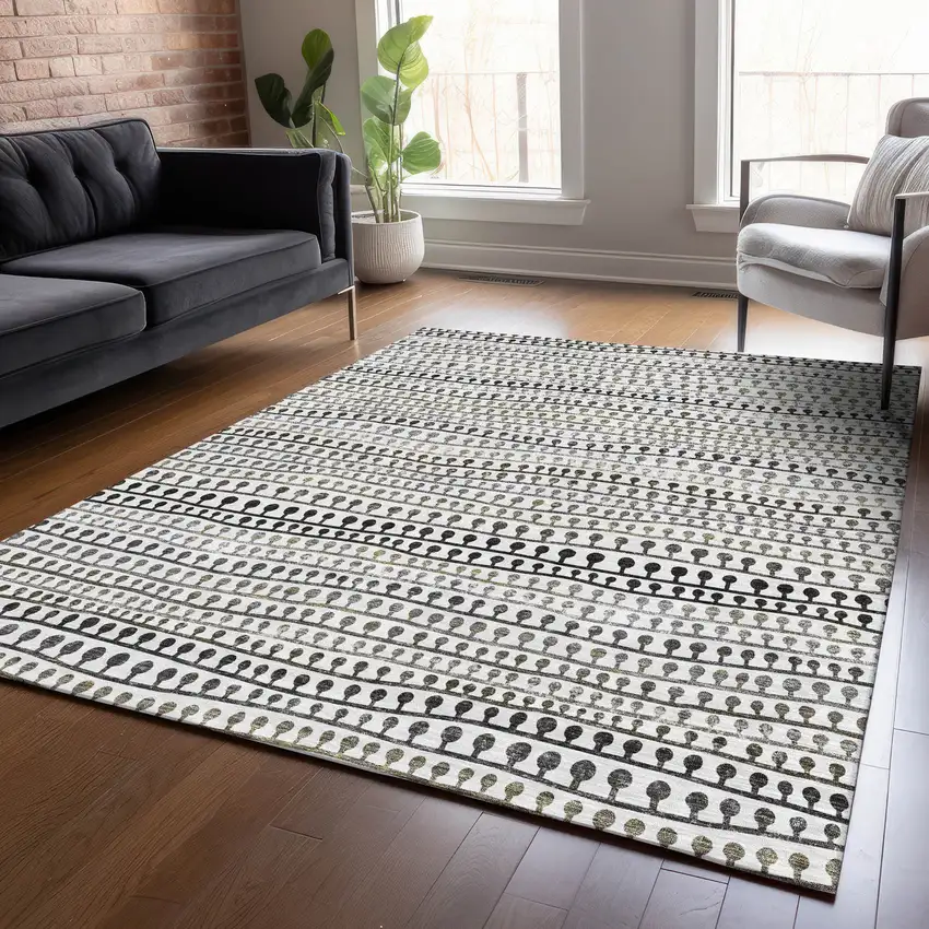 Ivory Taupe And Charcoal Striped Washable Indoor Outdoor Area Rug Photo 9
