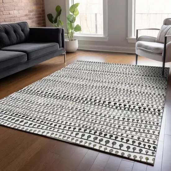 Ivory Taupe And Charcoal Striped Washable Indoor Outdoor Area Rug Photo 9