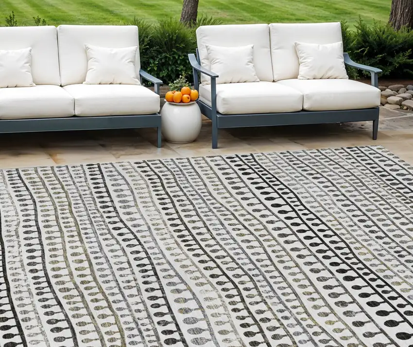 Ivory Taupe And Charcoal Striped Washable Indoor Outdoor Area Rug Photo 1