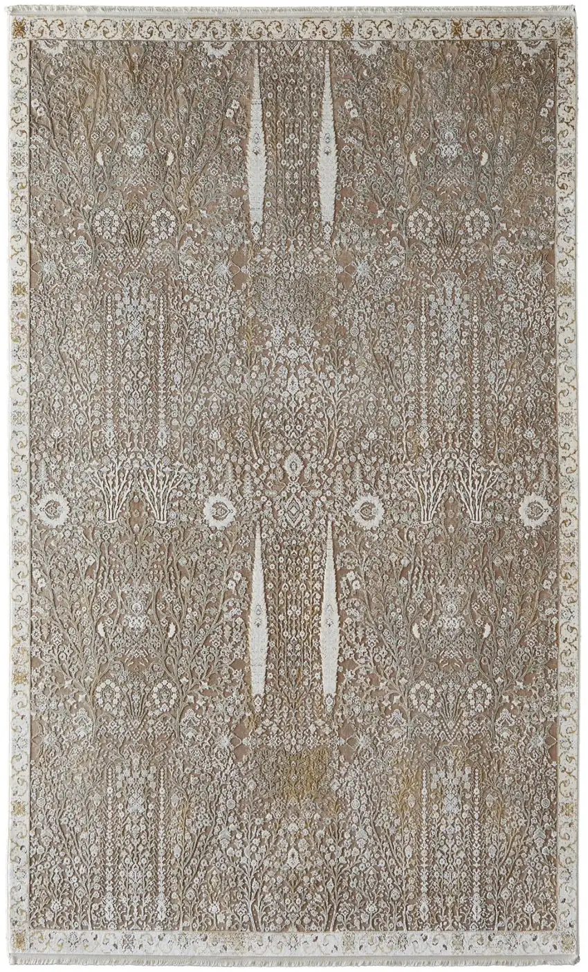Ivory Taupe And Gold Floral Area Rug With Fringe Photo 2