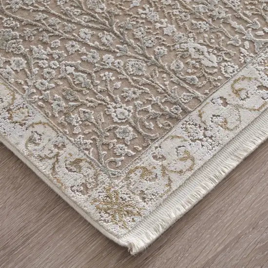 Ivory Taupe And Gold Floral Area Rug With Fringe Photo 4