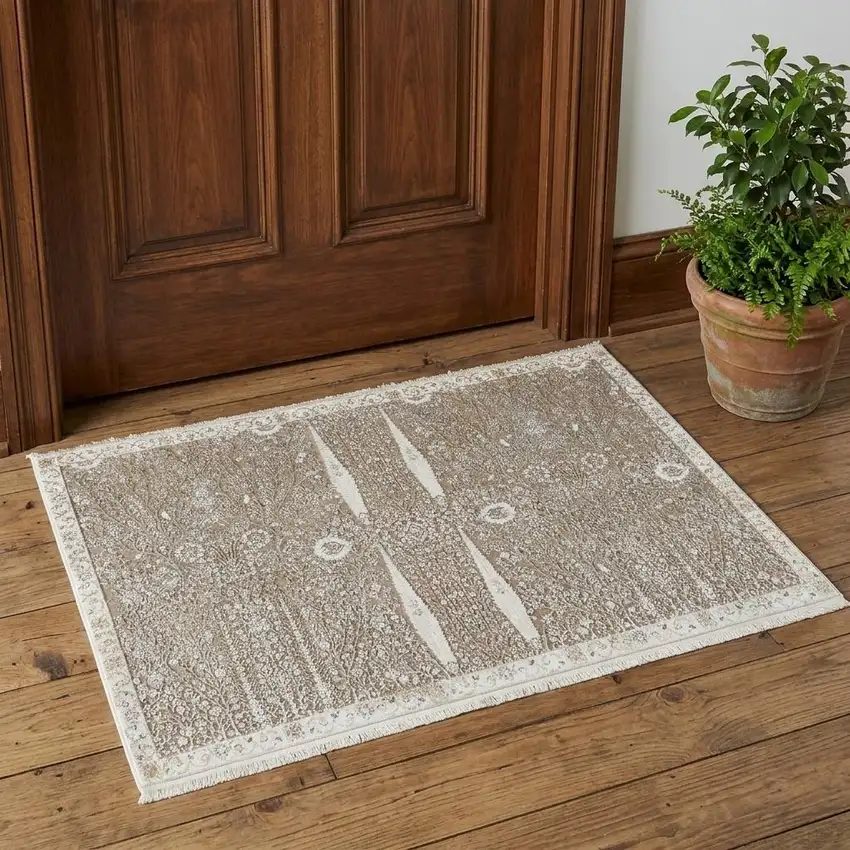 Ivory Taupe And Gold Floral Area Rug With Fringe Photo 1