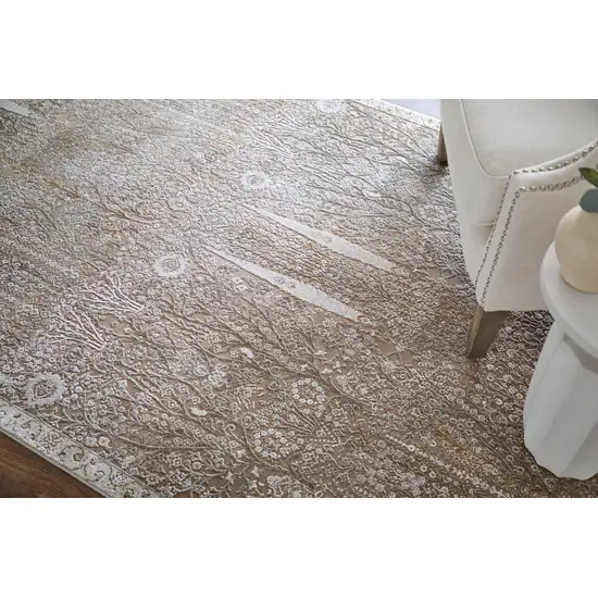 Ivory Taupe And Gold Floral Area Rug With Fringe Photo 3