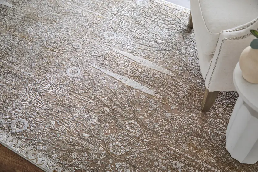 Ivory Taupe And Gold Floral Area Rug With Fringe Photo 3