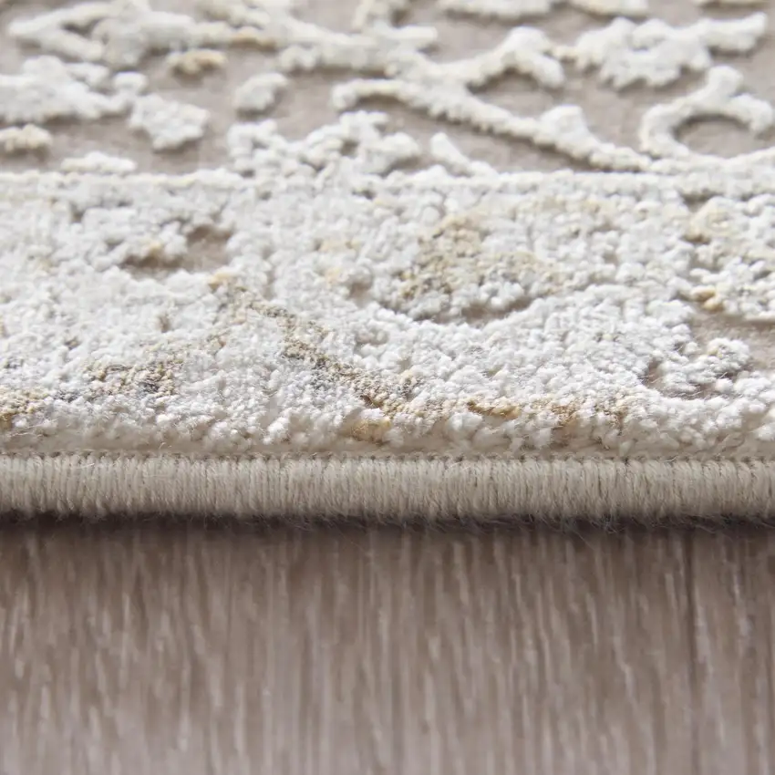 Ivory Taupe And Gold Floral Area Rug With Fringe Photo 8