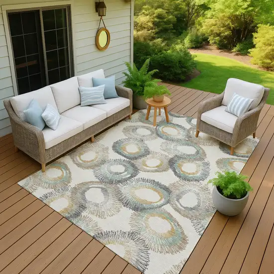Ivory Taupe And Gold Geometric Washable Indoor Outdoor Area Rug Photo 9