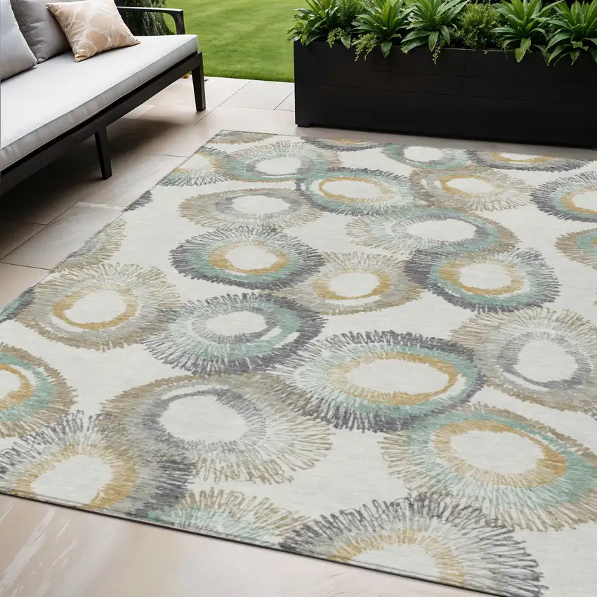 Ivory Taupe And Gold Geometric Washable Indoor Outdoor Area Rug Photo 1