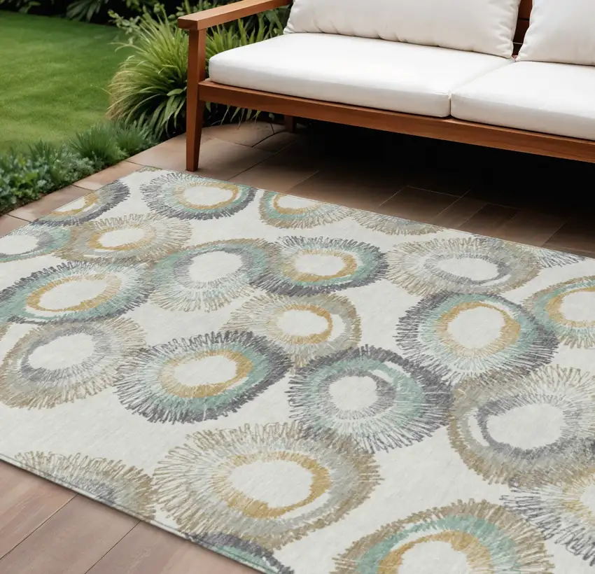 Ivory Taupe And Gold Geometric Washable Indoor Outdoor Area Rug Photo 1