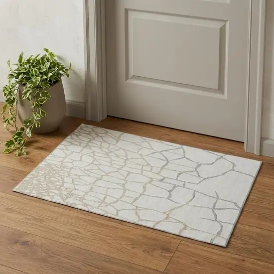 Ivory Taupe And Gray Abstract Geometric Washable Area Rug With UV Protection Photo 1