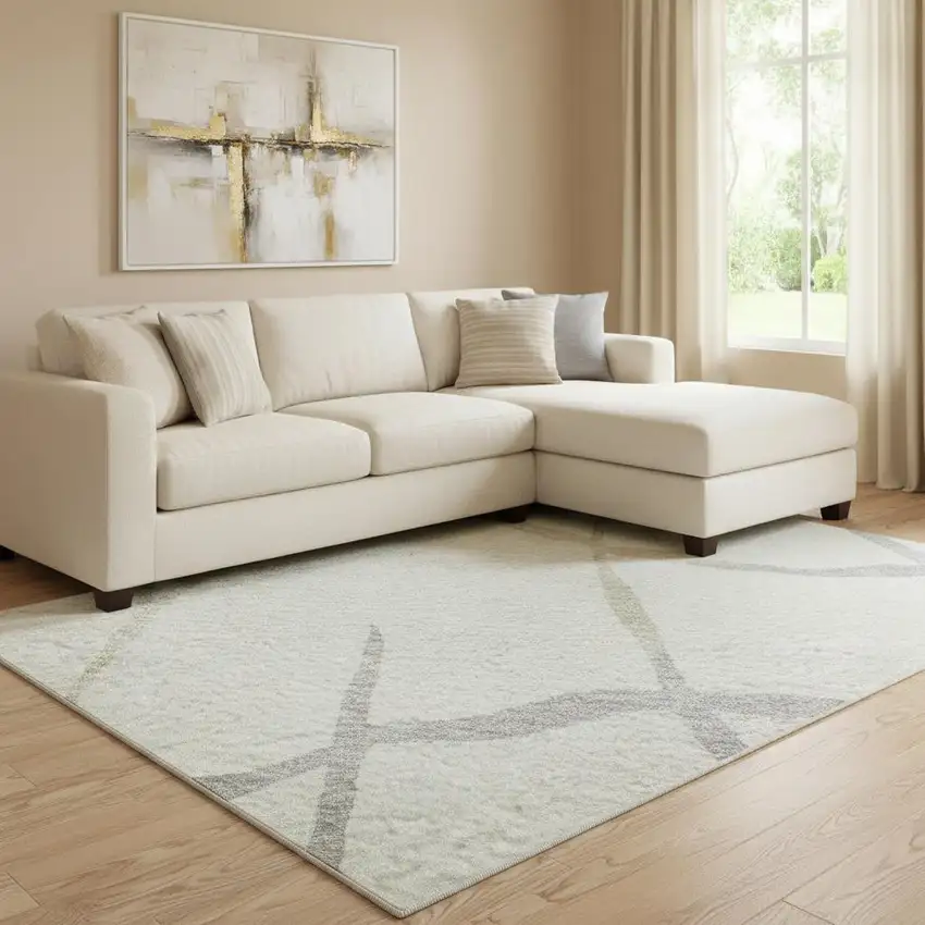 Ivory Taupe And Gray Abstract Geometric Washable Area Rug With UV Protection Photo 2