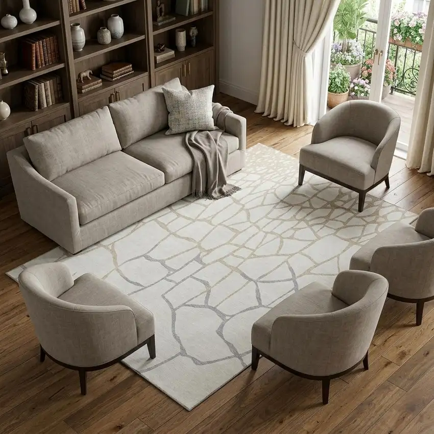 Ivory Taupe And Gray Abstract Geometric Washable Area Rug With UV Protection Photo 1
