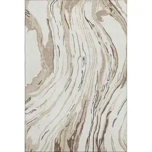 Photo of Ivory Taupe And Gray Abstract Washable Area Rug With UV Protection