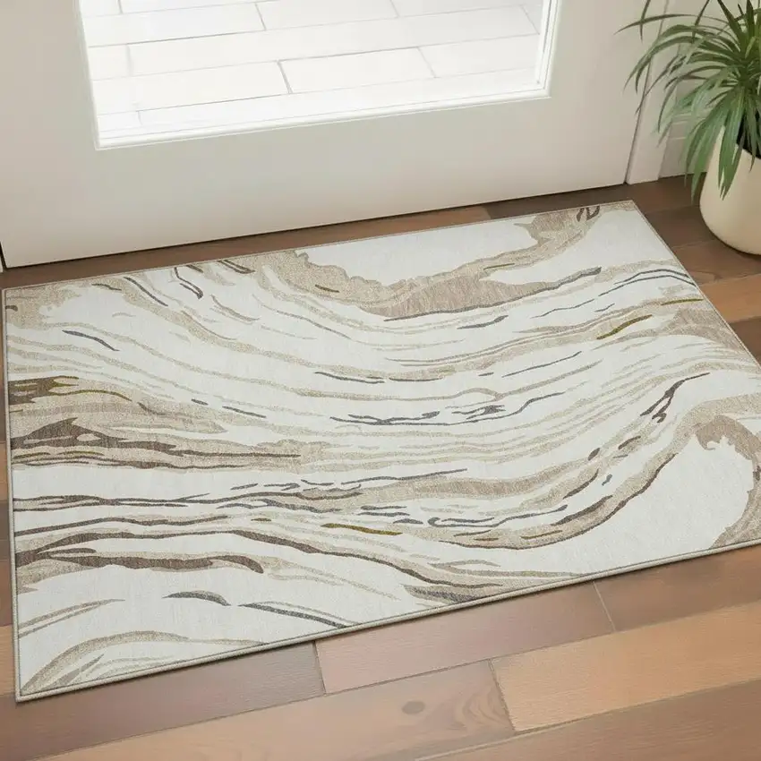 Ivory Taupe And Gray Abstract Washable Area Rug With UV Protection Photo 2