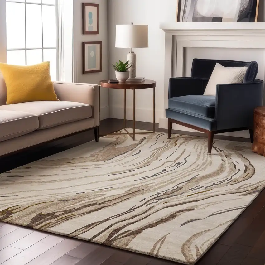 Ivory Taupe And Gray Abstract Washable Area Rug With UV Protection Photo 3