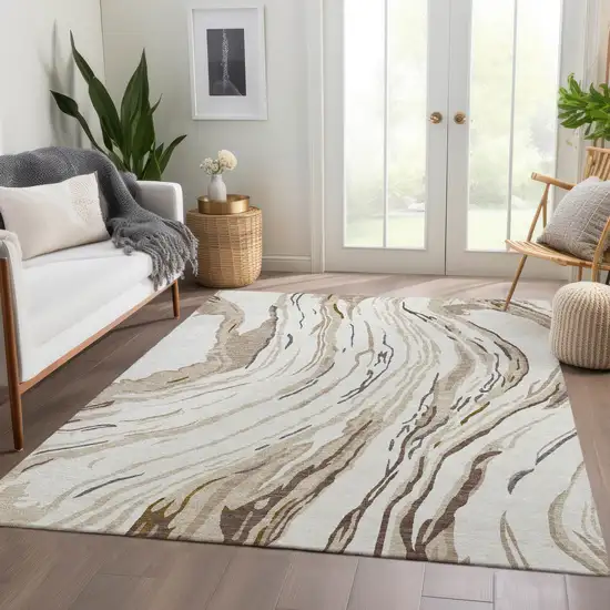 Ivory Taupe And Gray Abstract Washable Area Rug With UV Protection Photo 4