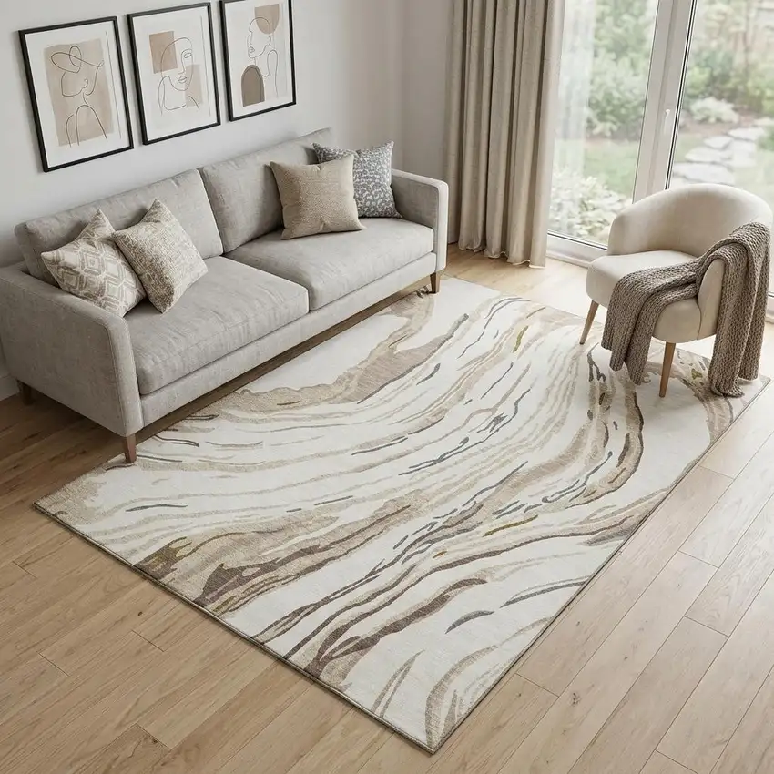 Ivory Taupe And Gray Abstract Washable Area Rug With UV Protection Photo 1