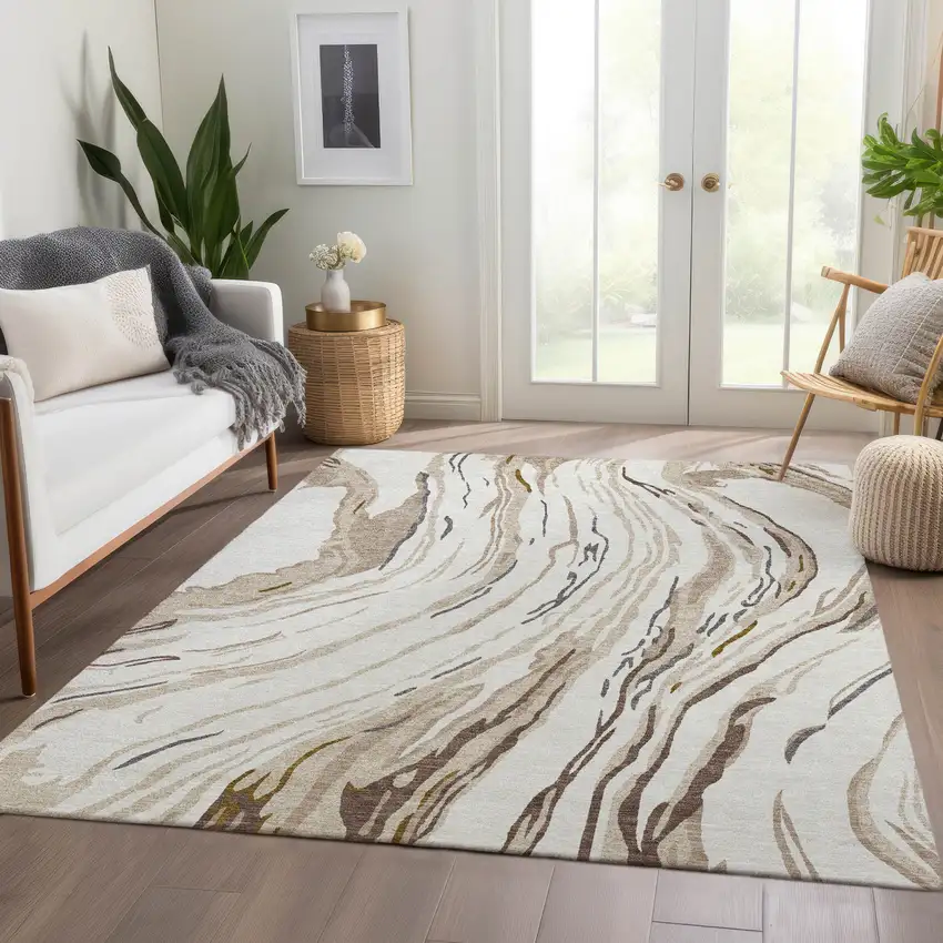 Ivory Taupe And Gray Abstract Washable Area Rug With UV Protection Photo 5