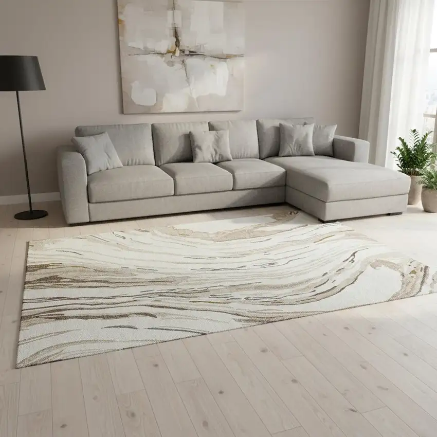 Ivory Taupe And Gray Abstract Washable Area Rug With UV Protection Photo 2