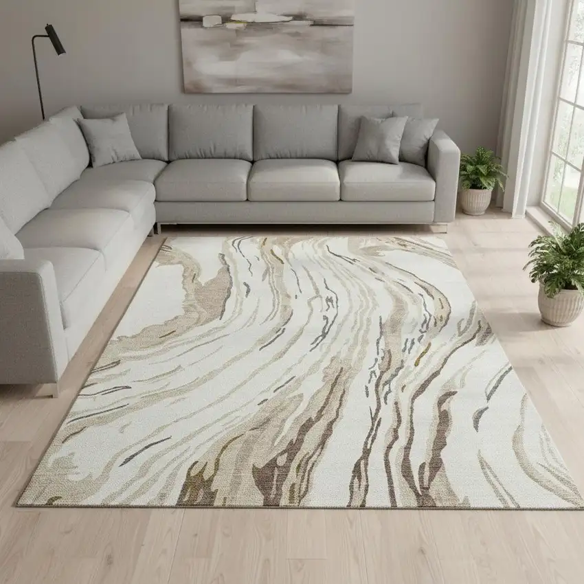 Ivory Taupe And Gray Abstract Washable Area Rug With UV Protection Photo 2