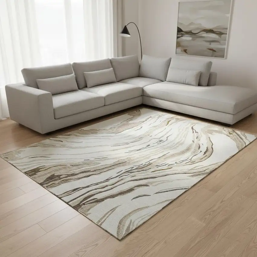 Ivory Taupe And Gray Abstract Washable Area Rug With UV Protection Photo 2