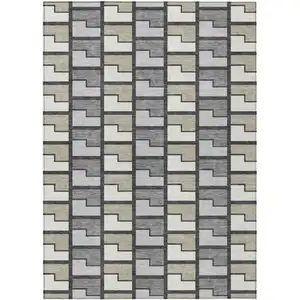 Photo of Ivory Taupe And Gray Geometric Washable Indoor Outdoor Area Rug