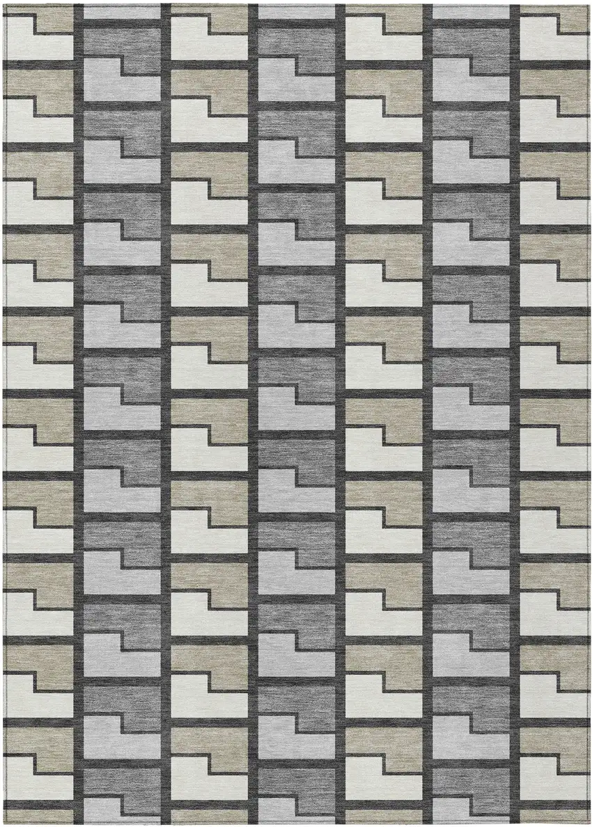 Ivory Taupe And Gray Geometric Washable Indoor Outdoor Area Rug Photo 1