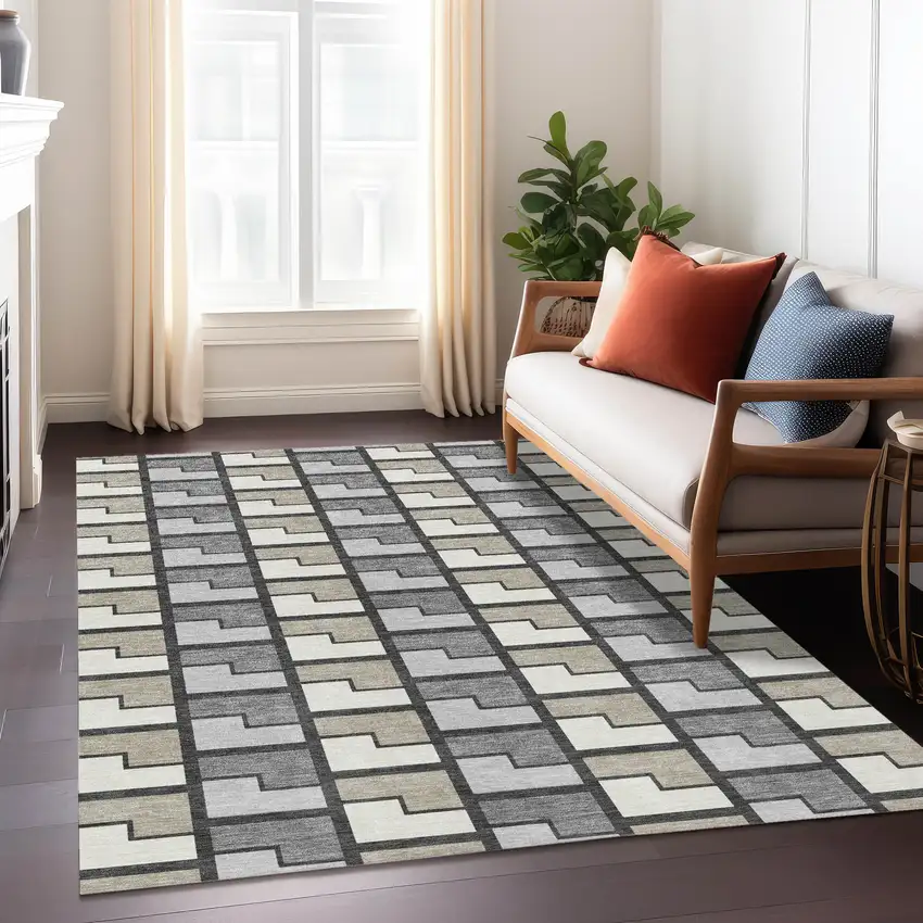 Ivory Taupe And Gray Geometric Washable Indoor Outdoor Area Rug Photo 6