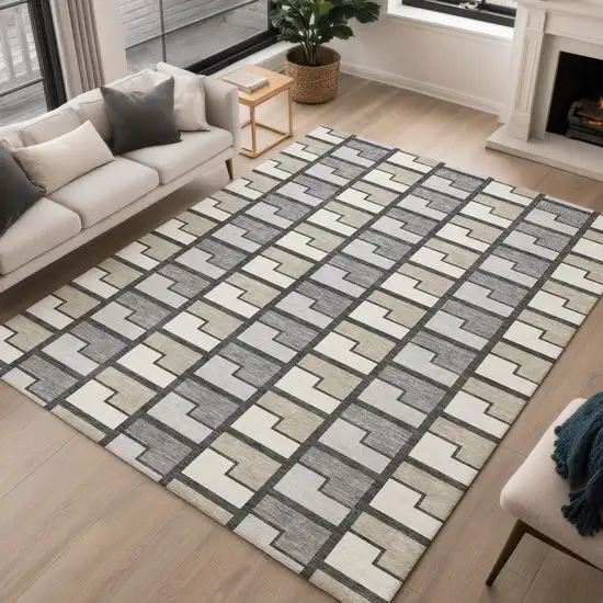 Ivory Taupe And Gray Geometric Washable Indoor Outdoor Area Rug Photo 5