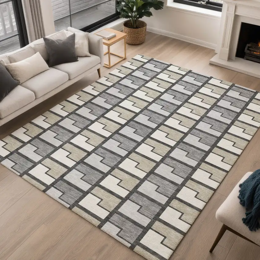 Ivory Taupe And Gray Geometric Washable Indoor Outdoor Area Rug Photo 5
