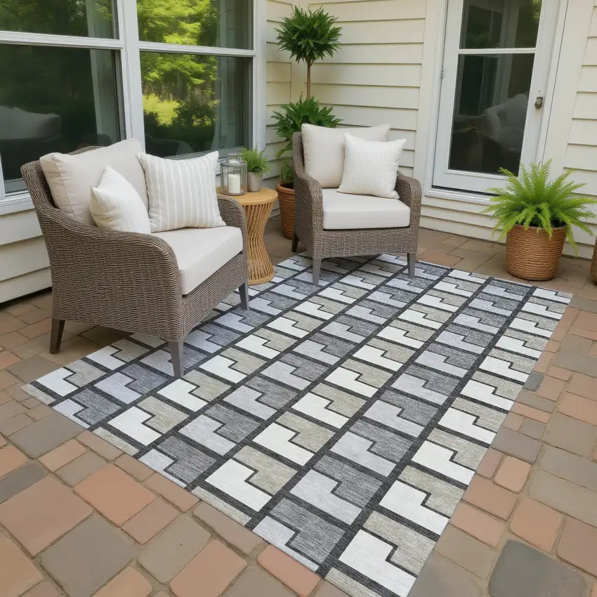 Ivory Taupe And Gray Geometric Washable Indoor Outdoor Area Rug Photo 3