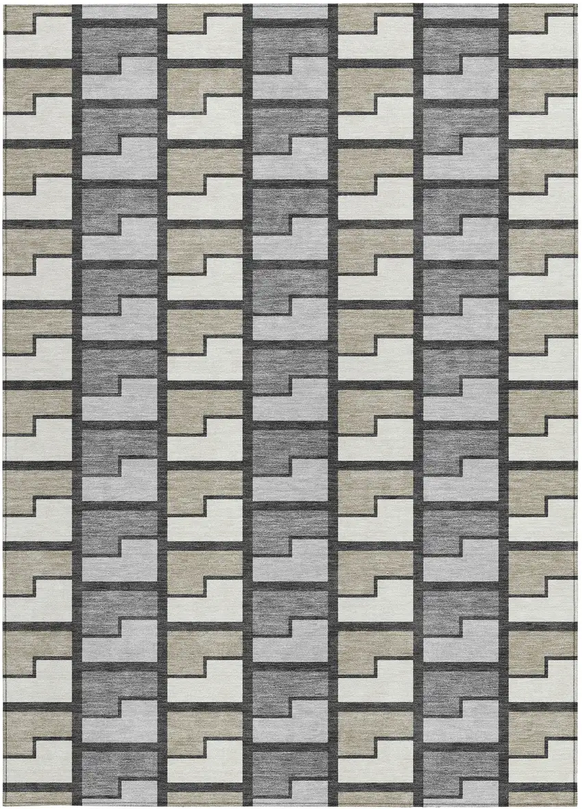 Ivory Taupe And Gray Geometric Washable Indoor Outdoor Area Rug Photo 2