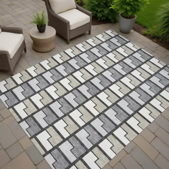 Ivory Taupe And Gray Geometric Washable Indoor Outdoor Area Rug Photo 6