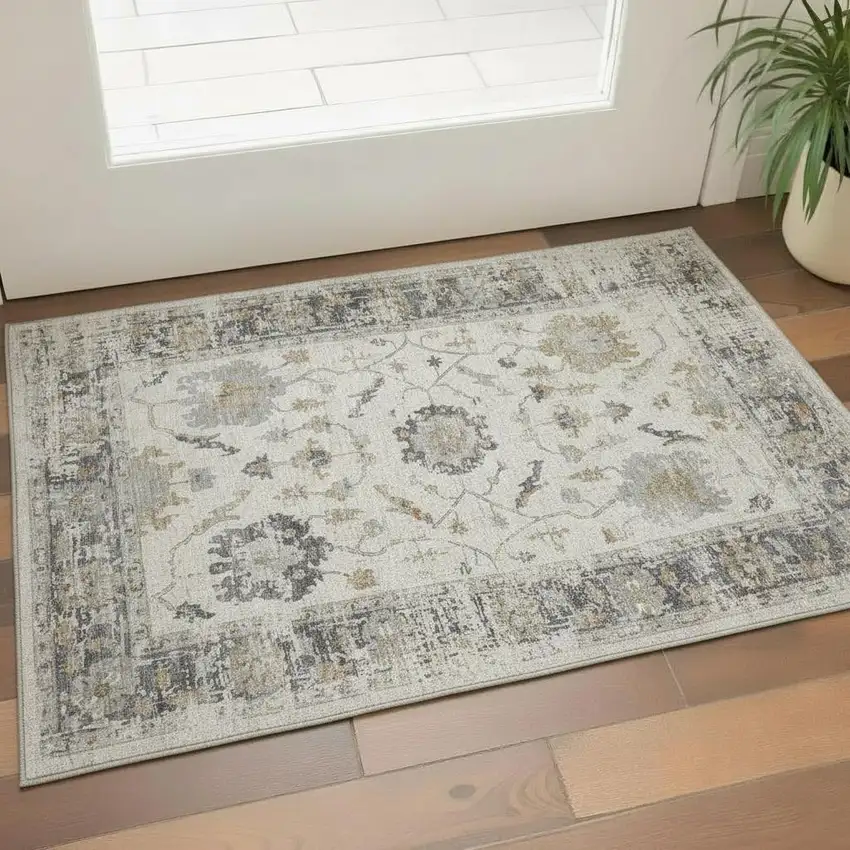 Ivory Taupe And Gray Oriental Washable Area Rug With UV Protection Photo 2
